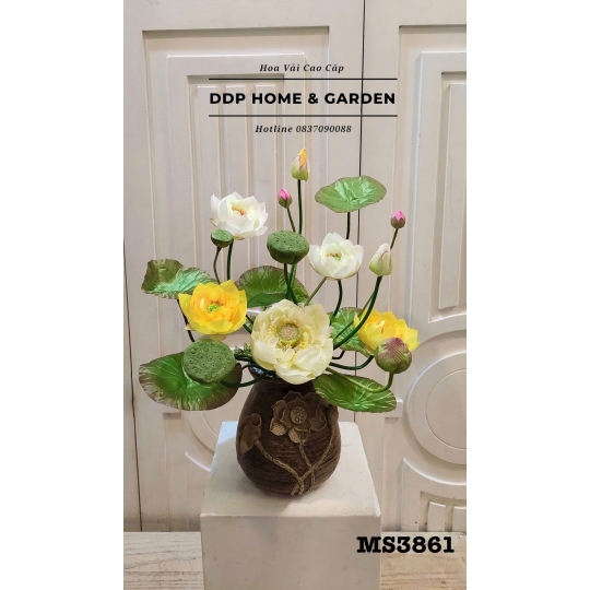Chậu hoa sen lụa trắng vàng (3861)